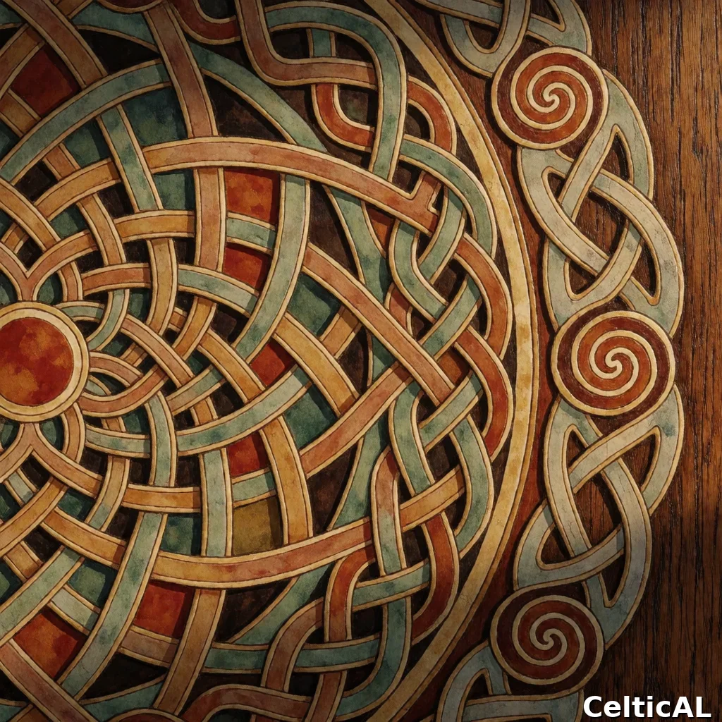 Nodo celtico intrecciato ornato, struttura rosetta-mandala, stile pitta, acquerello in granito, palette celadon e ruggine, su pannello di quercia scura; Compare anche il motivo spirale ripetuto sul bordo.