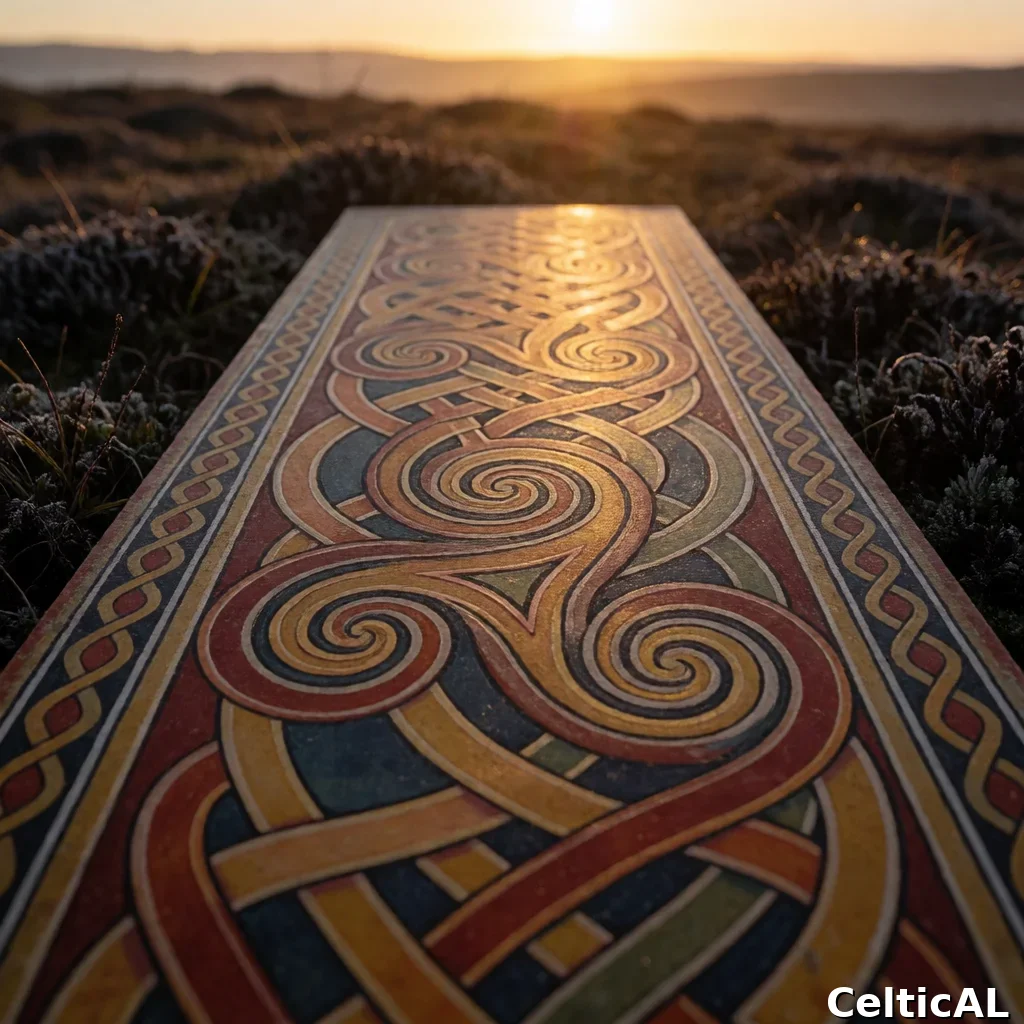 Pannello di intreccio celtico intricato, struttura triskele a spirale, stile insulare irlandese, manoscritto miniato in cristallo, palette fuoco di tramonto, su torbiera.