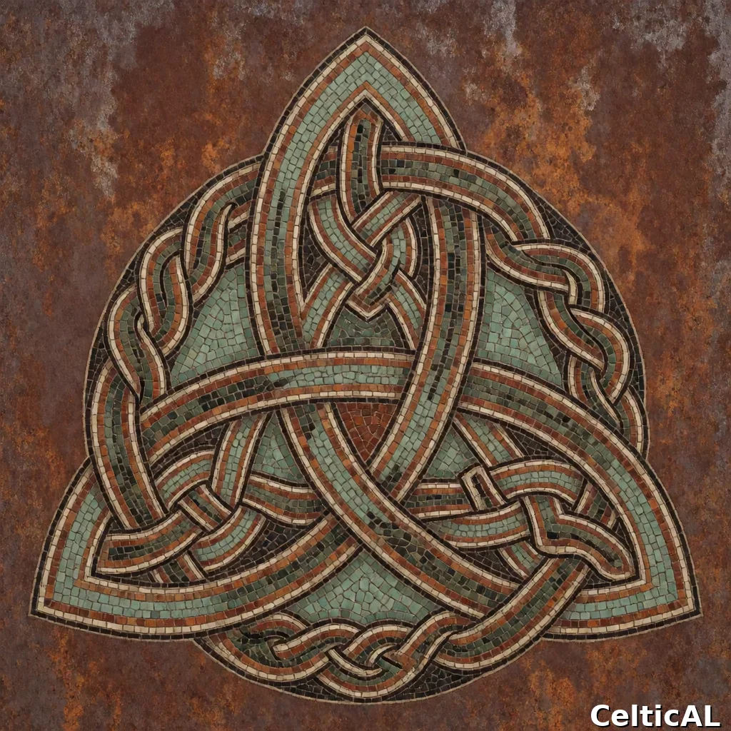 Intreccio celtico a treccia ornato, struttura nodo della trinità, stile insulare irlandese, mosaico in cristallo, palette celadon e ruggine, su lastra di ferro arrugginito.