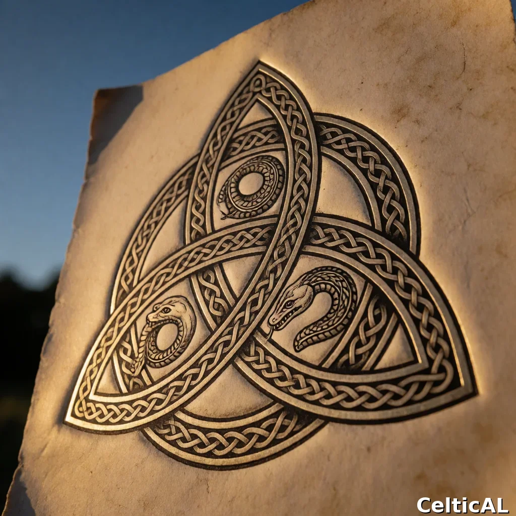 Nodo celtico intrecciato minimalista, struttura triquetra, stile anglosassone, incisione su metallo in cristallo, palette pergamena miniata, su cielo crepuscolare; Compaiono motivi zoomorfi realistici raffiguranti serpente.