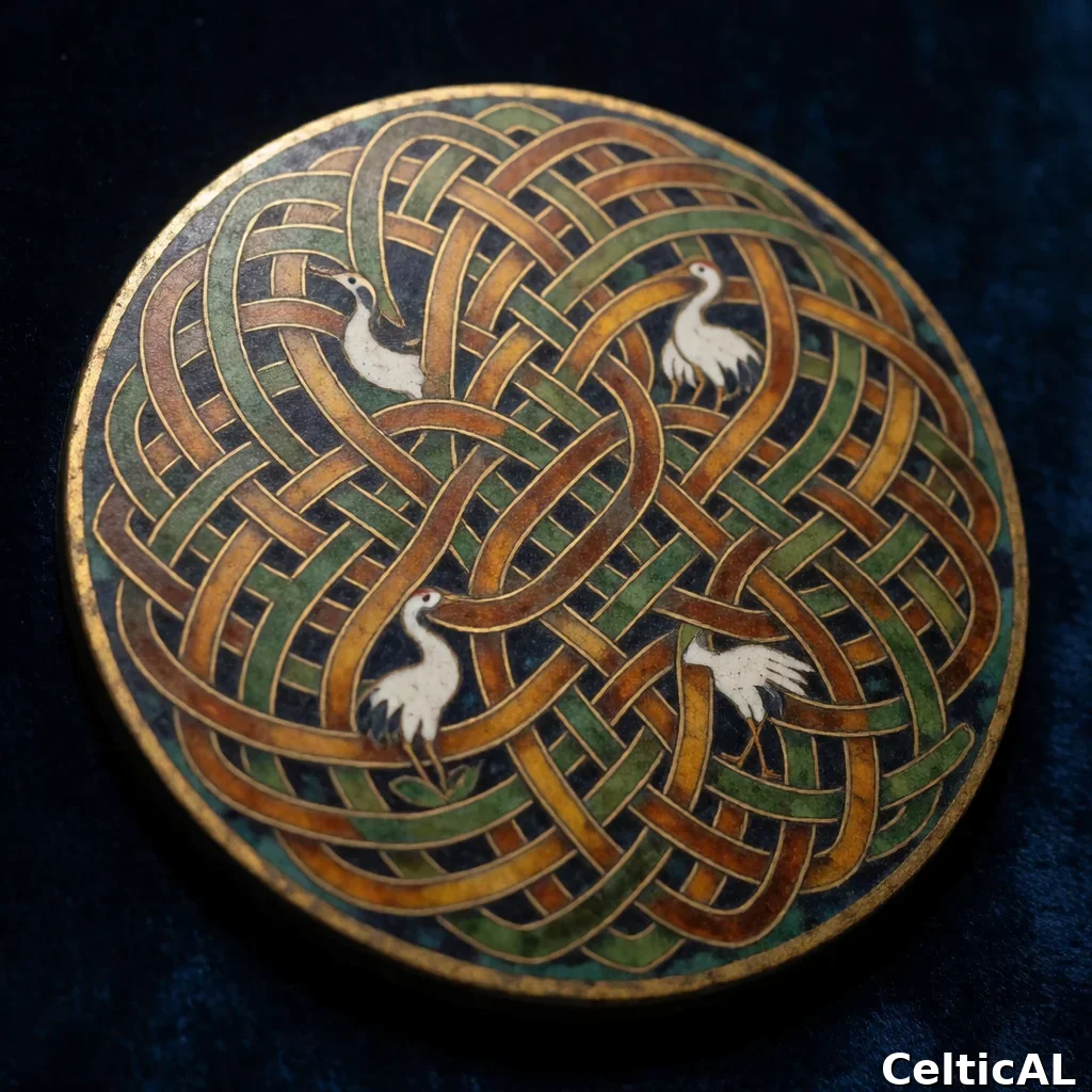 Medaglione a nodo celtico denso, struttura nodo marinaio, stile vichinga Urnes, smalto cloisonné in ambra, palette foresta e terra, su velluto blu notte; Compaiono motivi zoomorfi realistici raffiguranti gru.
