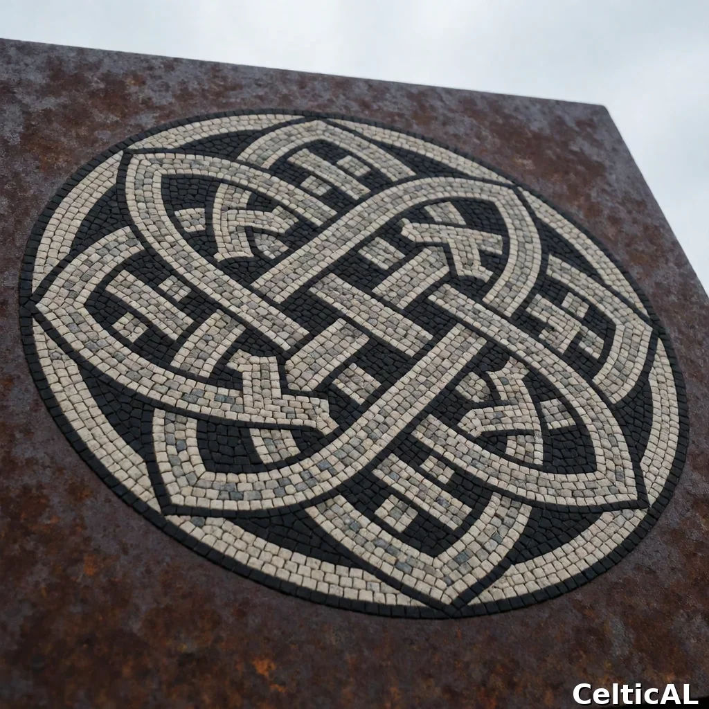 Medaglione a nodo celtico equilibrato, struttura nodo di Salomone, stile cornica, mosaico in granito, palette inchiostro monocromatico, su lastra di ferro arrugginito.