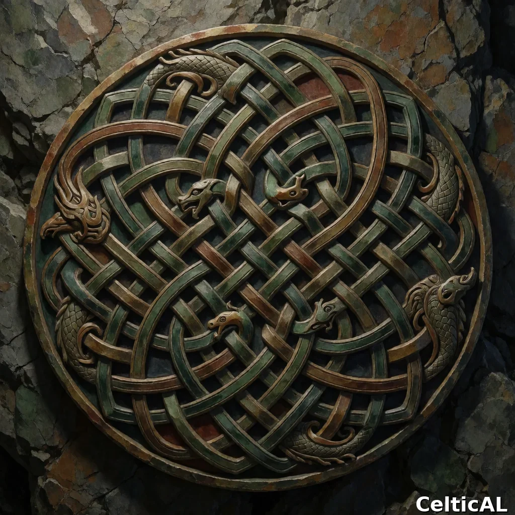 Medaglione a nodo celtico denso, struttura nodo a scudo, stile insulare irlandese, bassorilievo in melo, palette foresta e terra, su pietra di scogliera; Compaiono motivi zoomorfi fortemente stilizzati raffiguranti drago.