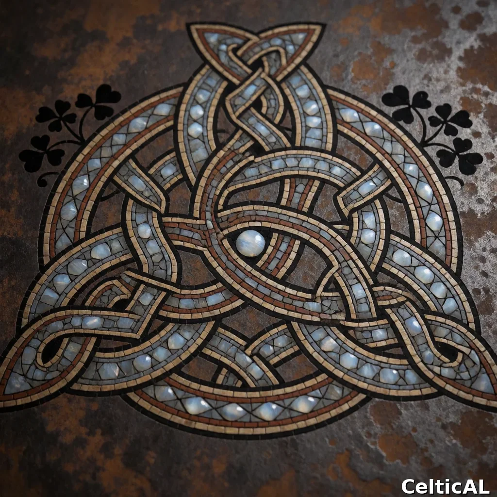Disegno a intreccio insulare intricato, struttura nodo della trinità, stile anglosassone, mosaico in pietra di luna, palette freddo nordico, su lastra di ferro arrugginito; L'intreccio è accompagnato da trifoglio, con resa silhouette stilizzata.