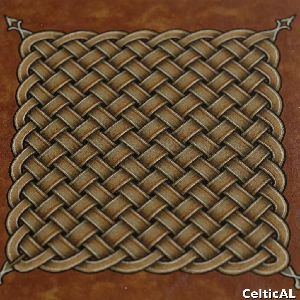 Intreccio celtico a treccia denso, struttura nodo quadrato, stile cornica, manoscritto miniato in bronzo, palette torba e erica, su argilla terra di Siena.