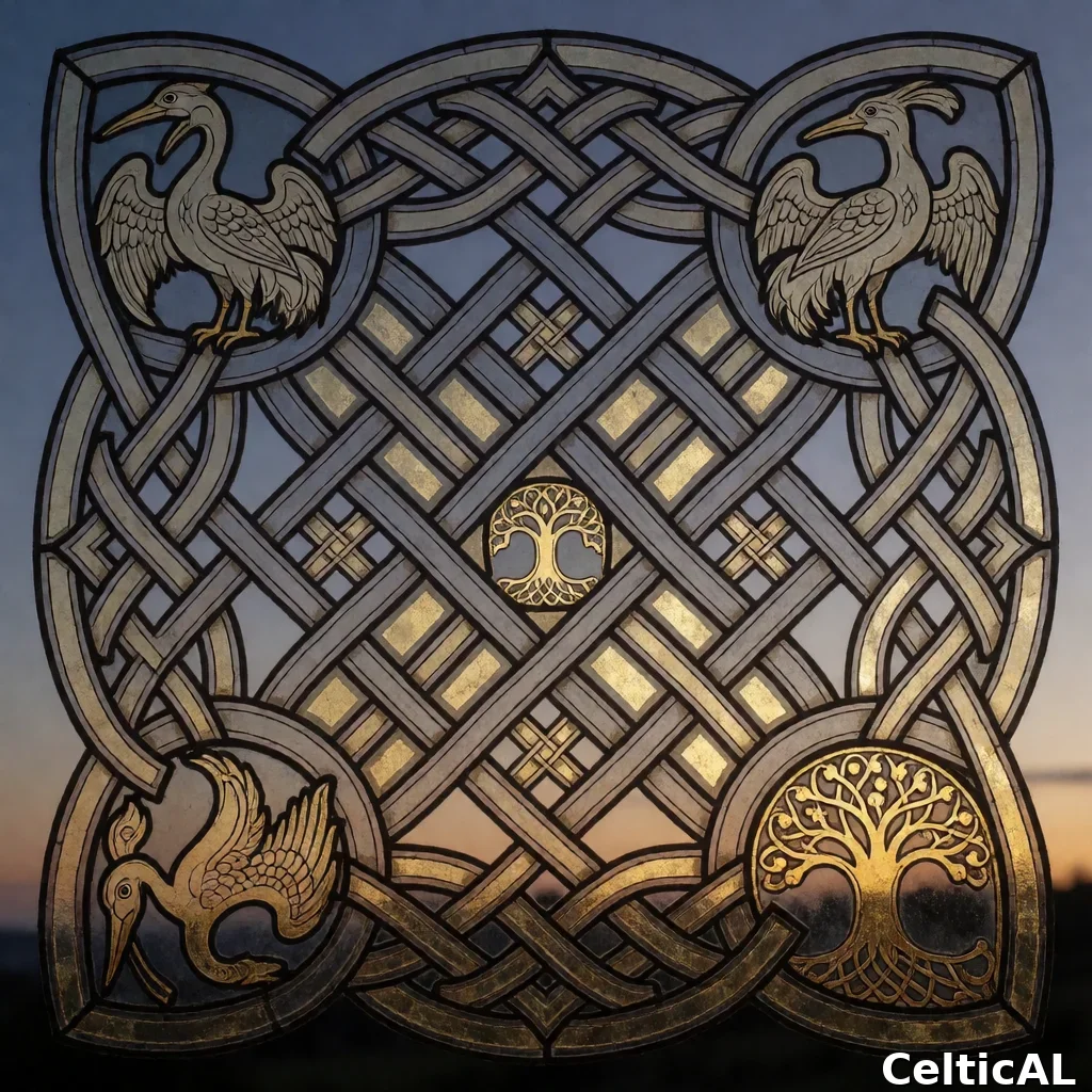 Nodo celtico intrecciato intricato, struttura bordo intrecciato, stile anglosassone, vetrata in ferro, palette foglia d'oro su vellum, su cielo crepuscolare; Compaiono motivi zoomorfi fortemente stilizzati raffiguranti gru; Compare anche il motivo albero della vita sovrimpressione spettrale.