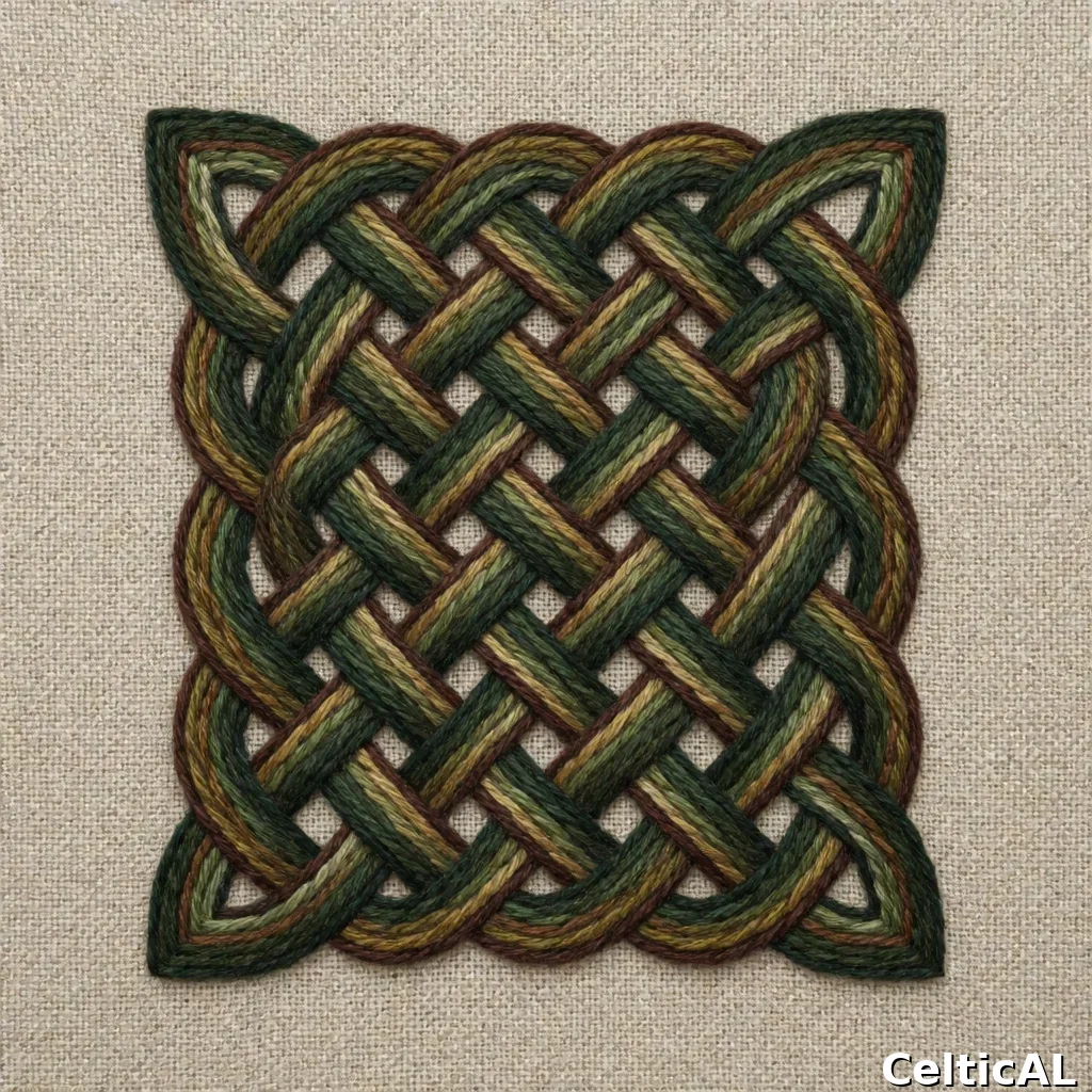 Intreccio celtico a treccia minimalista, struttura nodo di Stafford, stile insulare irlandese, ricamo in melo, palette foresta e terra, su lino grezzo.