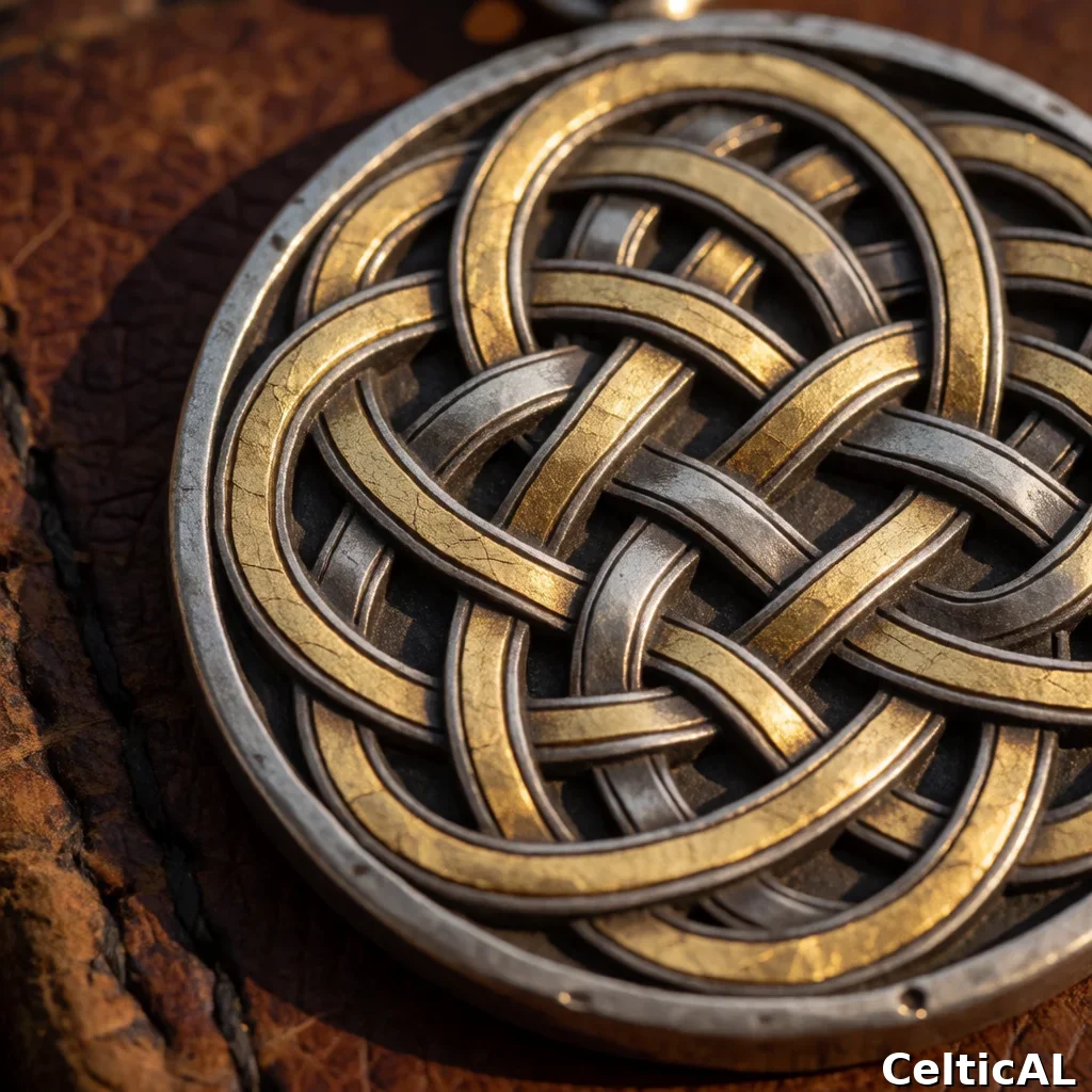 Ornamento a nodo celtico intricato, struttura nodo del serpente, stile cornica, bassorilievo in argento, palette foglia d'oro su vellum, su cuoio consumato.