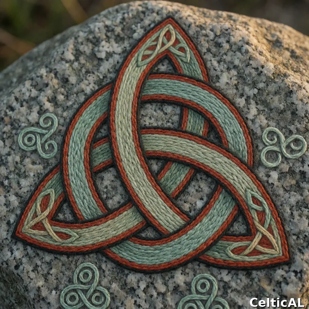 Nodo celtico senza fine equilibrato, struttura anello senza fine, stile revival moderno, ricamo in melo, palette celadon e ruggine, su granito eroso; Compare anche il motivo triskele ripetuto sul bordo.
