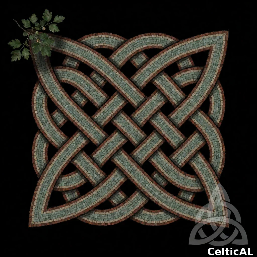 Nodo celtico intrecciato minimalista, struttura nodo di Stafford, stile La Tène, mosaico in corno di cervo, palette celadon e ruggine, su vuoto nero; Compare anche il motivo nodo di Salomone sovrimpressione spettrale; L'intreccio è accompagnato da biancospino, con resa accento rado.
