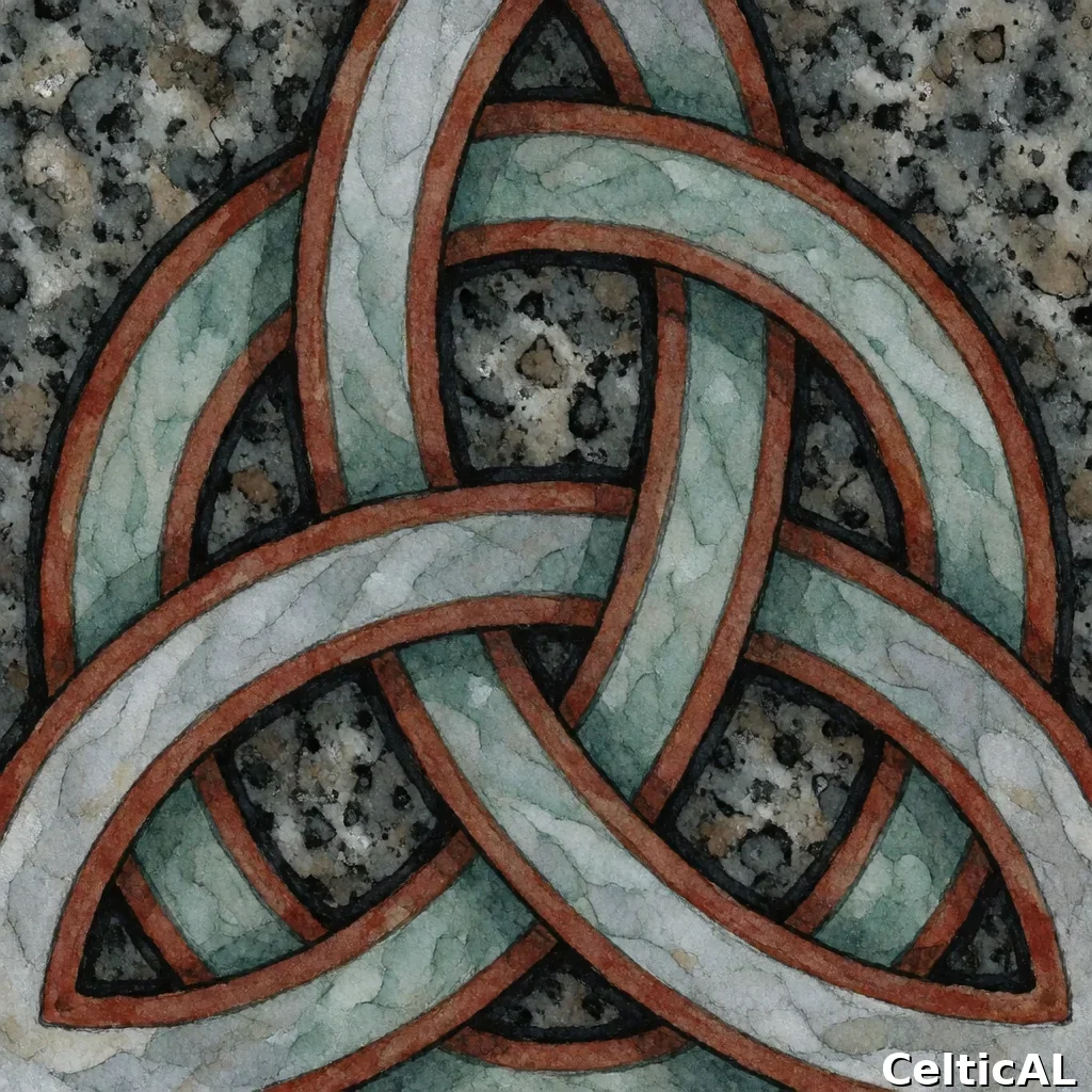 Nodo celtico senza fine denso, struttura nodo della trinità, stile gallese medievale, acquerello in argento, palette celadon e ruggine, su granito eroso.