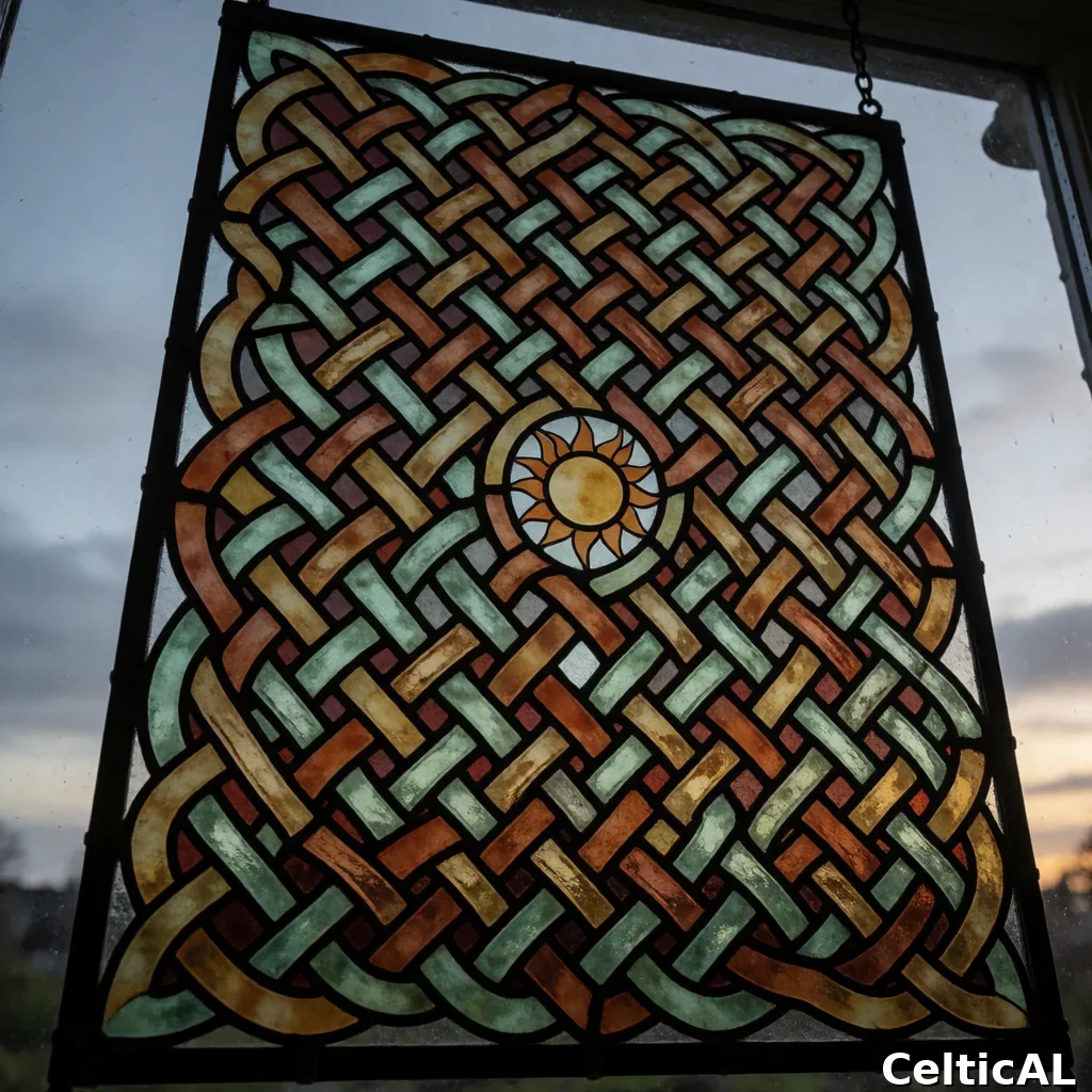Pannello di intreccio celtico denso, struttura nodo di Stafford, stile cornica, vetrata in corno di cervo, palette celadon e ruggine, su cielo crepuscolare; Compare anche il motivo ruota solare intrecciato nel nodo.