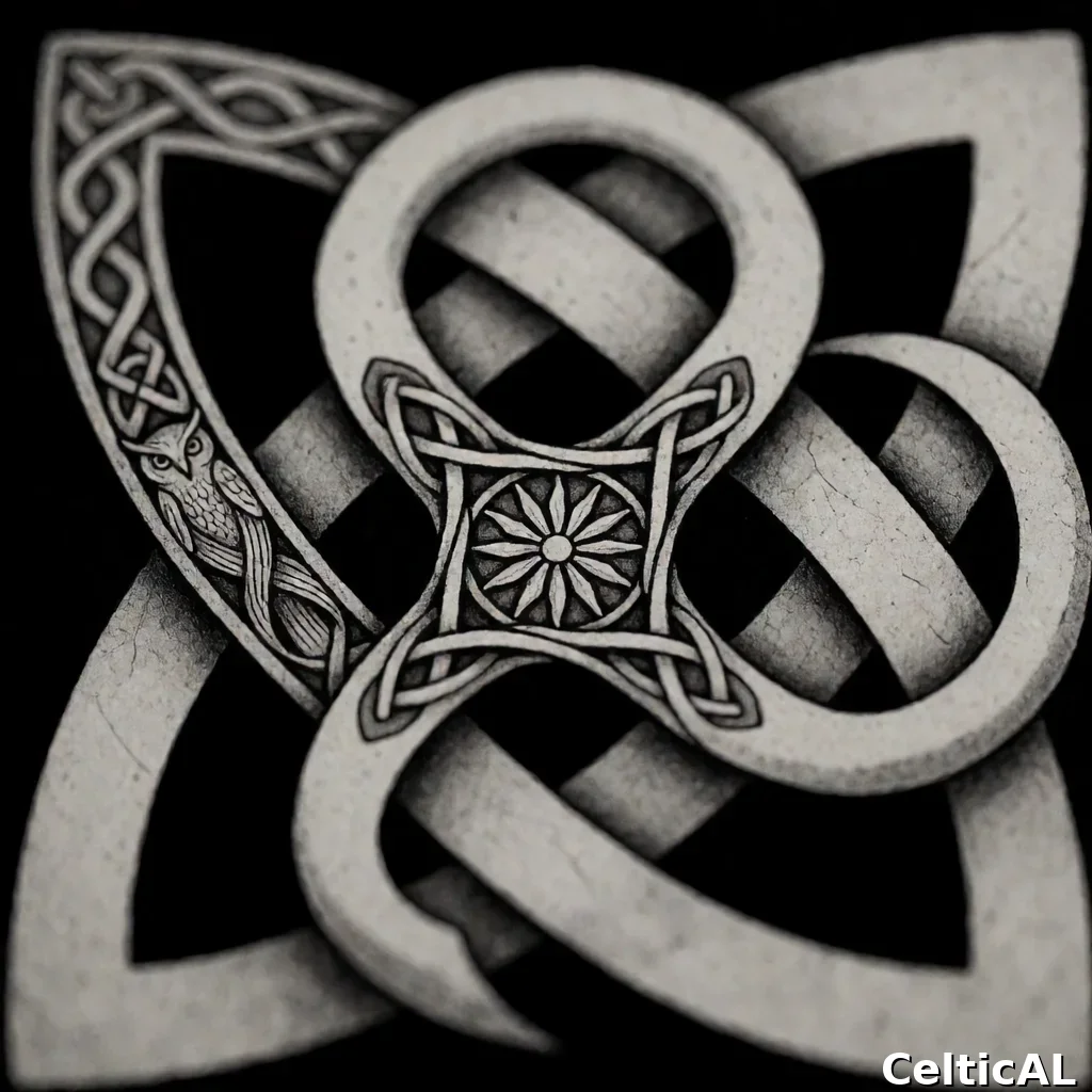Nodo celtico senza fine minimalista, struttura nodo del serpente, stile gallese medievale, disegno a inchiostro in sorbo, palette freddo nordico, su vuoto nero; Compaiono motivi zoomorfi nascosti nell'intreccio raffiguranti gufo; Compare anche il motivo ruota solare a bassorilievo.