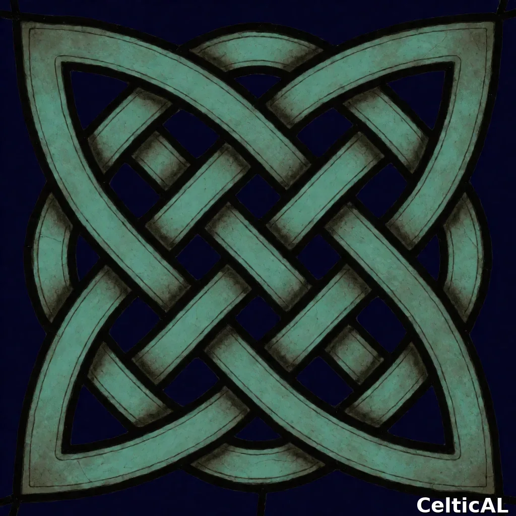 Disegno a intreccio insulare equilibrato, struttura nodo di Stafford, stile mannese, vetrata in oro, palette patina verderame, su velluto blu notte.