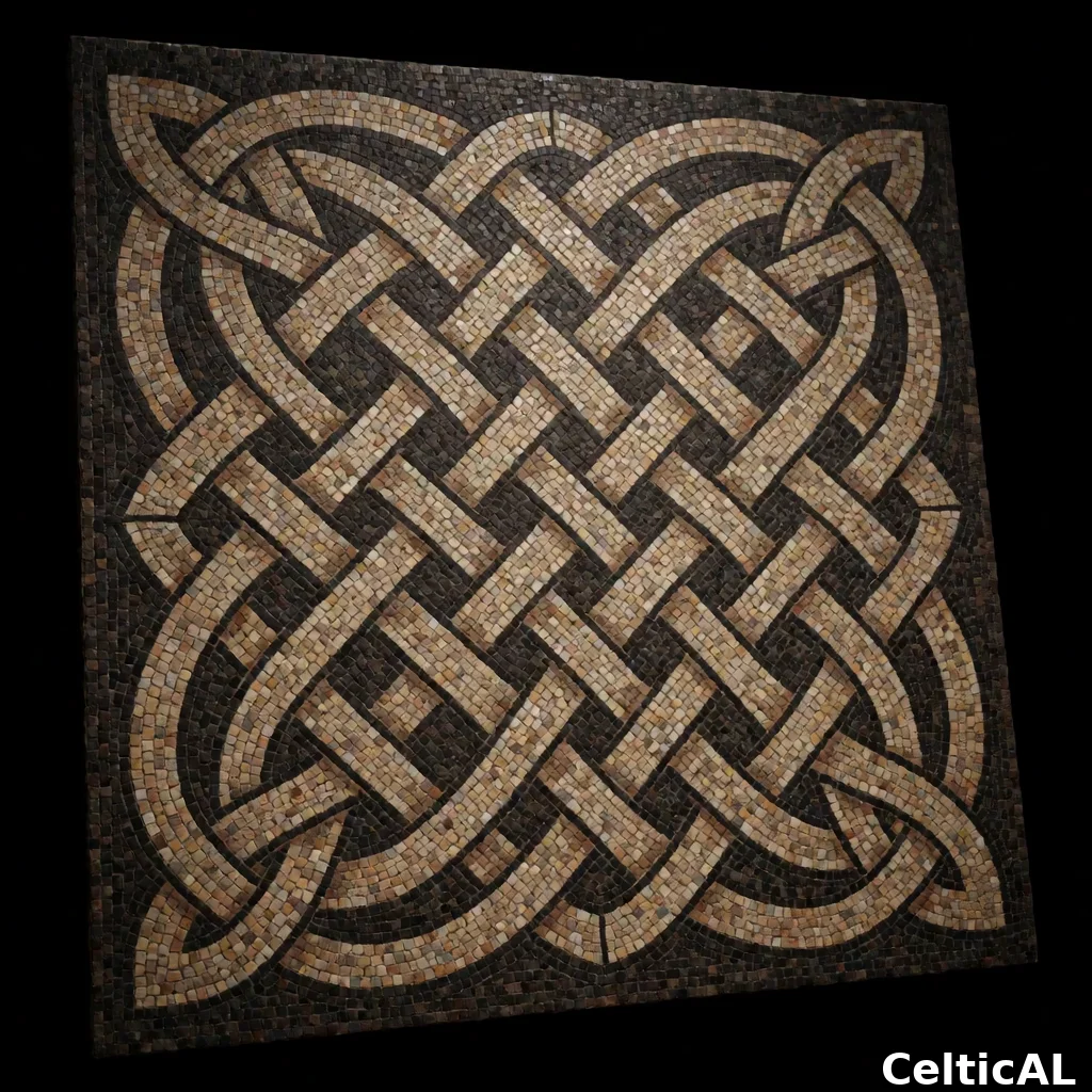 Pannello di intreccio celtico minimalista, struttura nodo di Salomone, stile vichinga Urnes, mosaico in sambuco, palette osso e ferro, su vuoto nero; Compaiono motivi zoomorfi ridotti a silhouette raffiguranti serpente.