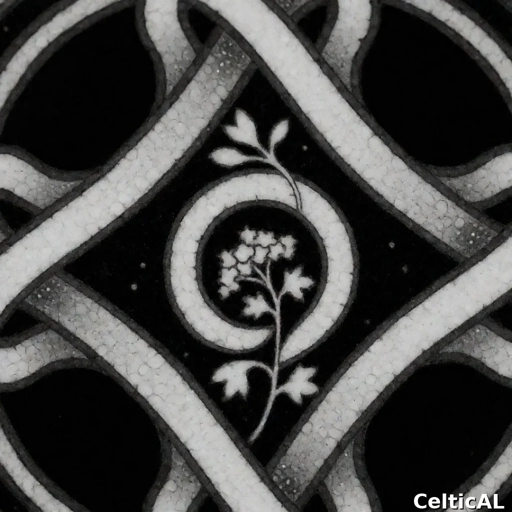 Pannello di intreccio celtico minimalista, struttura croce celtica, stile cornica, smalto cloisonné in tasso, palette inchiostro monocromatico, su oscurità stellata; Compare anche il motivo spirale centrale dominante; L'intreccio è accompagnato da fiori di sambuco, con resa silhouette stilizzata.