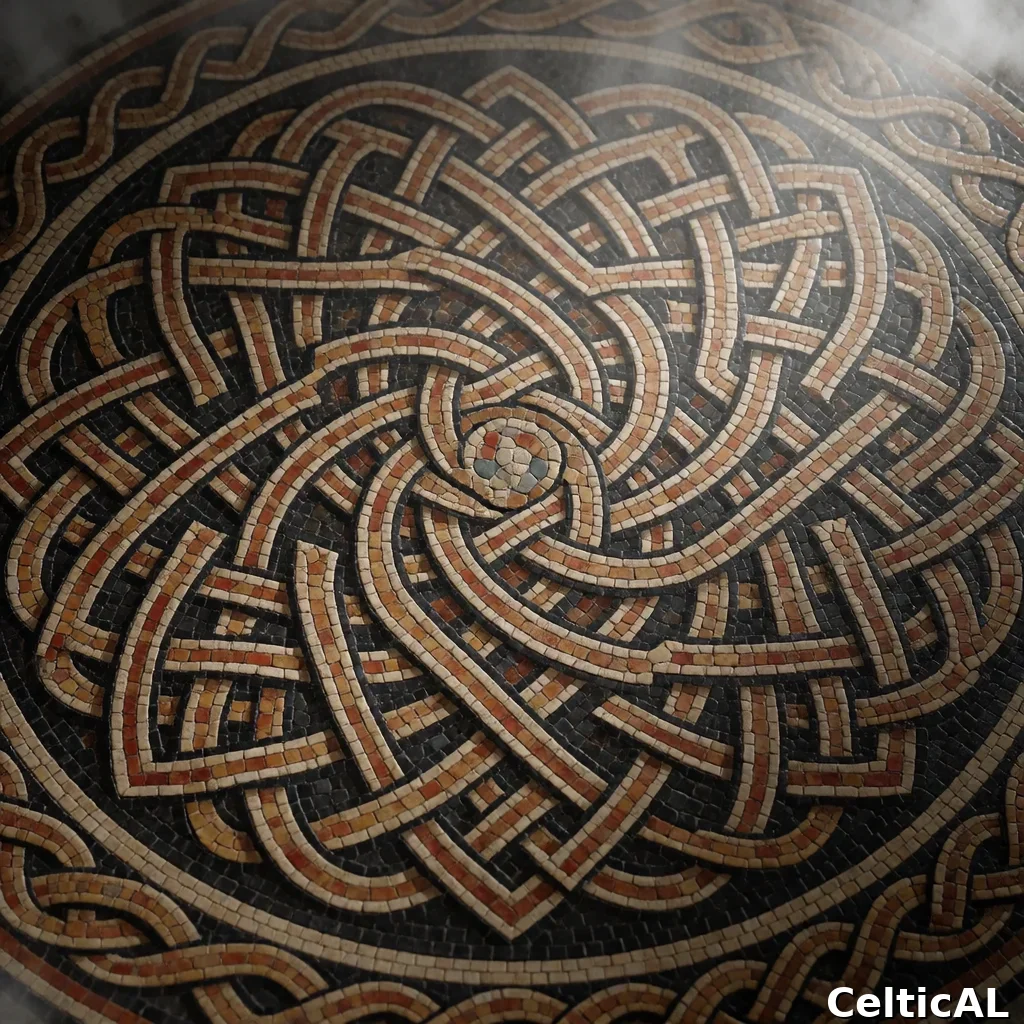 Medaglione a nodo celtico intricato, struttura rosetta-mandala, stile anglosassone, mosaico in sambuco, palette pergamena miniata, su nebbia e foschia; Compaiono motivi zoomorfi nascosti nell'intreccio raffiguranti corvo.