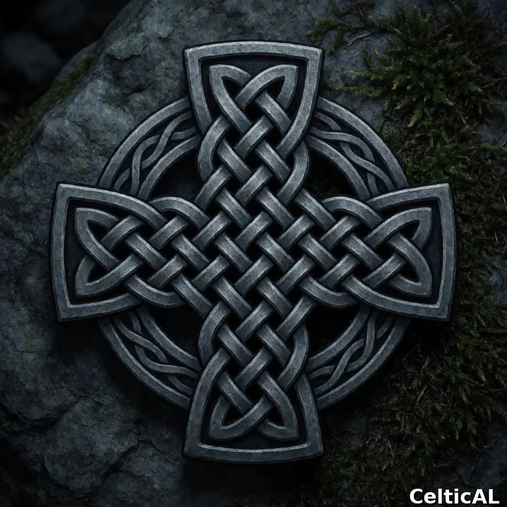 Ornamento a nodo celtico denso, struttura croce celtica, stile cornica, linework da tatuaggio in tasso, palette osso e ferro, su roccia muschiosa.