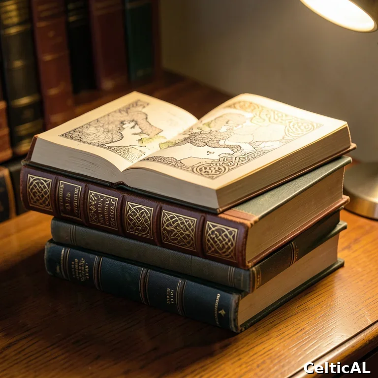 Pila di libri sui Celti con uno aperto su mappa dell'Europa celtica