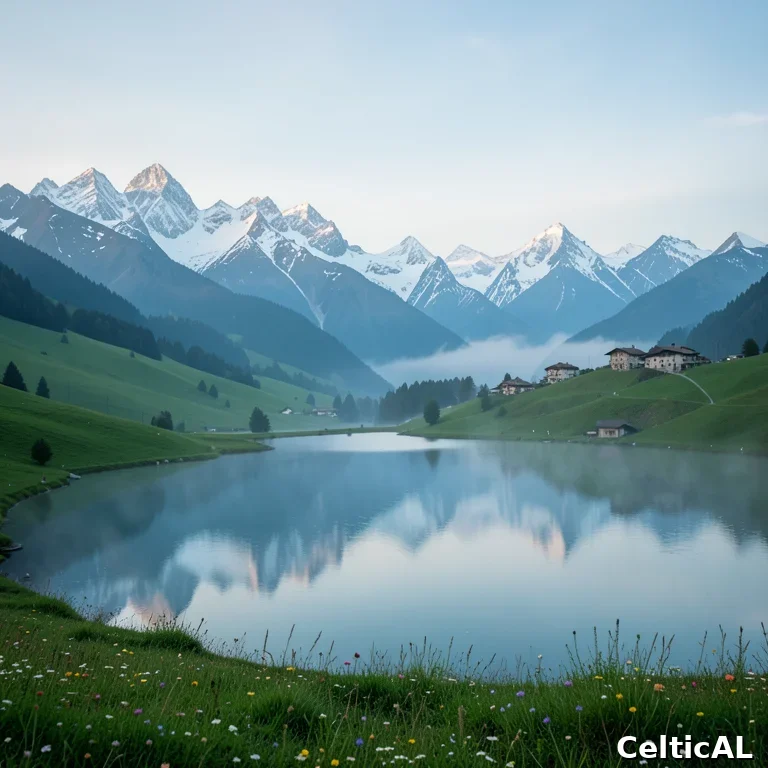 Paesaggio alpino della regione lepontina con lago e Alpi