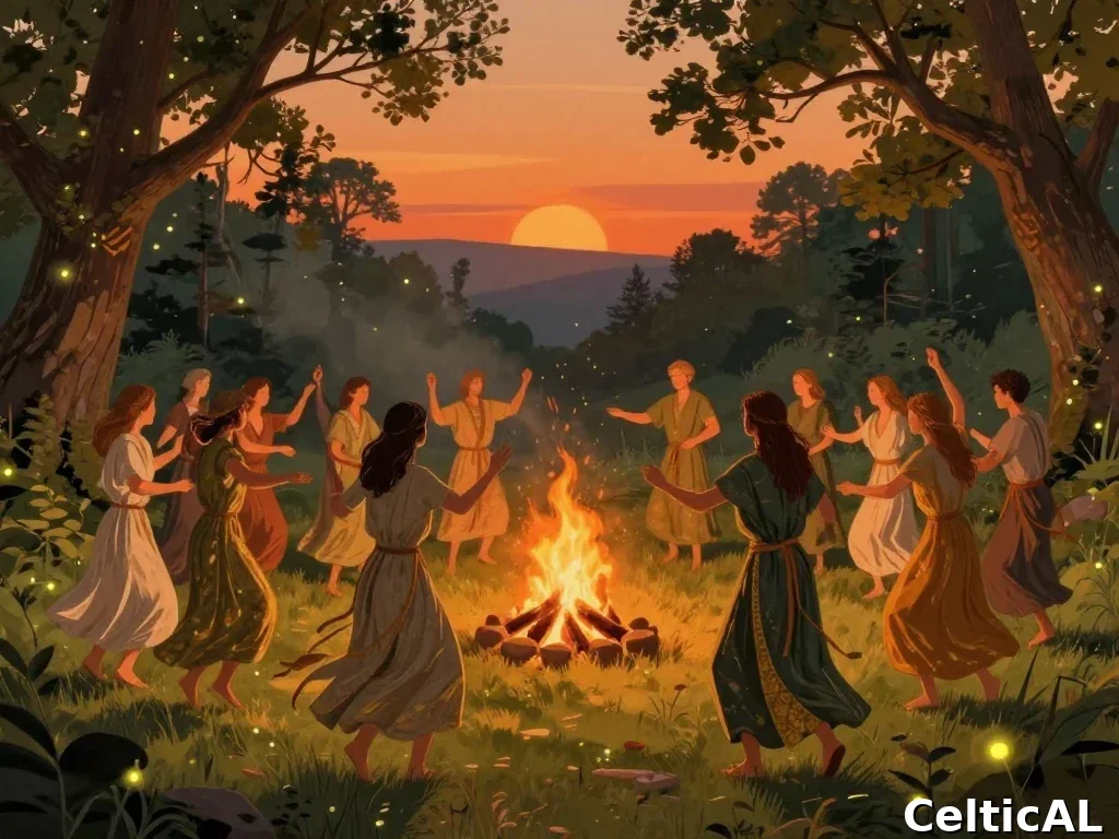Danza rituale di Litha intorno al fuoco del solstizio