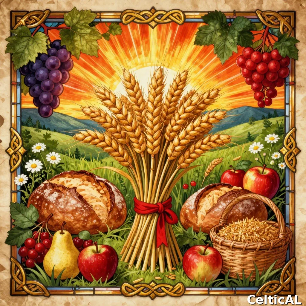 Lammas, il festival celtico del primo raccolto: covone di grano dorato fra pane, uva, mele e fiori di campo