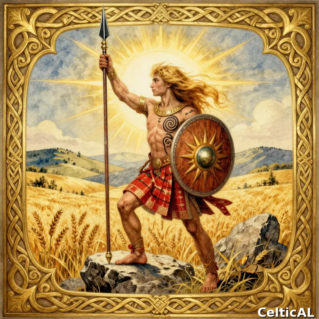 Lugh il dalla mano lunga: dio celtico della luce e delle arti, con lancia e scudo sul campo di grano