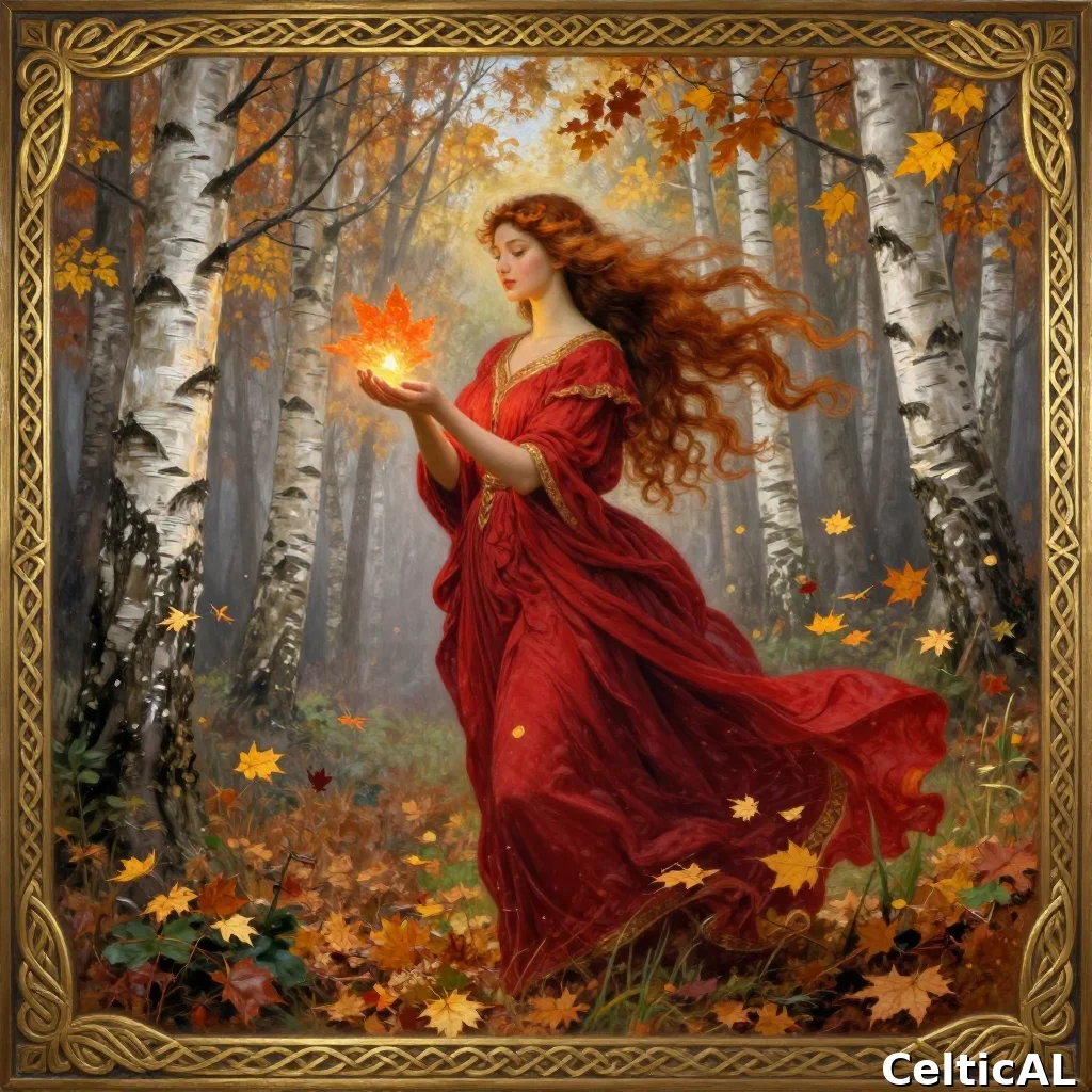 Mabon, dea autunnale della luce: figura femminile in vestito rosso nel bosco di betulle con foglia luminosa fra le mani
