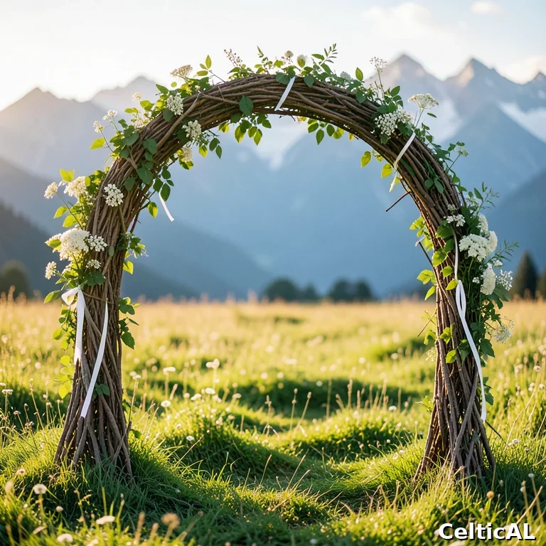 Arco di rami intrecciati con fiori bianchi per cerimonia handfasting all'aperto