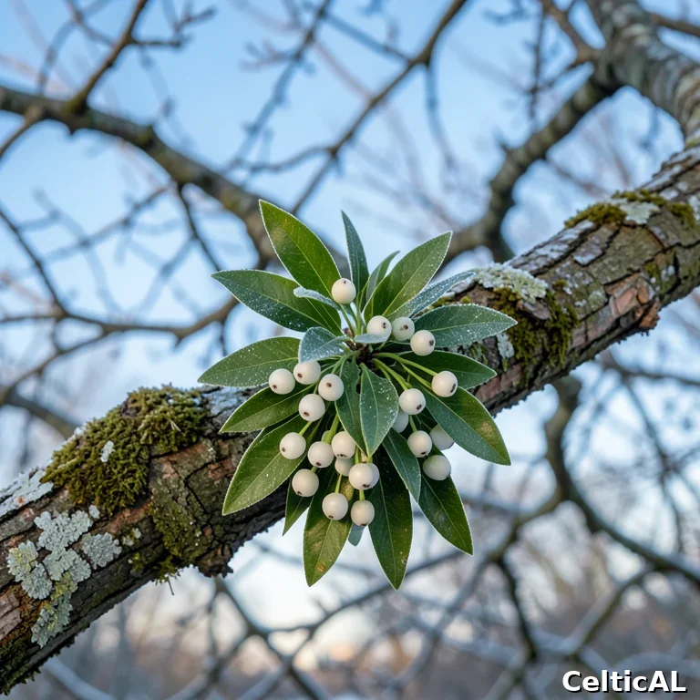 Vischio con bacche bianche su ramo di quercia in inverno