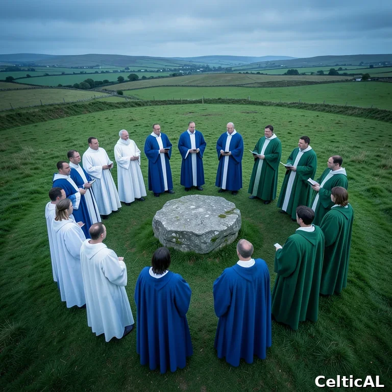 Cerimonia gallese del Gorsedd dei Bardi con celebranti in robe colorate