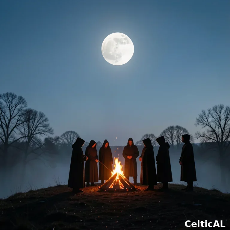 Falò di Samhain con figure intorno e luna nascente