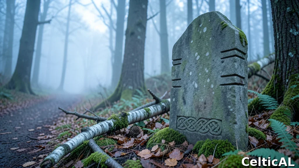 Pietra ogham in un bosco, con segni astratti e foglie