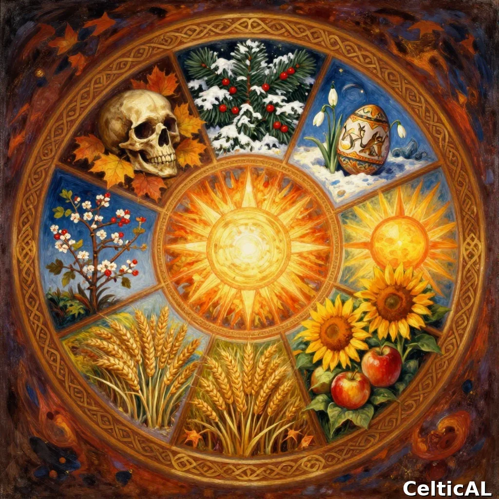 Ruota dell'Anno celtica: gli otto sabbat illustrati con simboli stagionali e nodi celtici