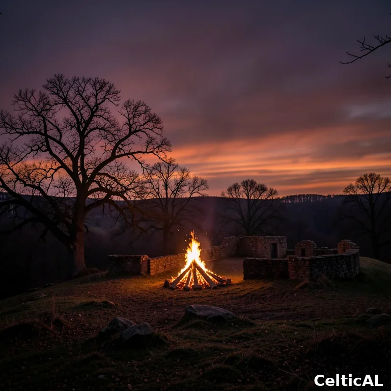 Falò di Samhain su una collina al crepuscolo