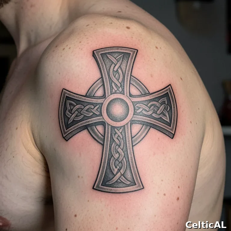 Tatuaggio croce celtica sulla spalla