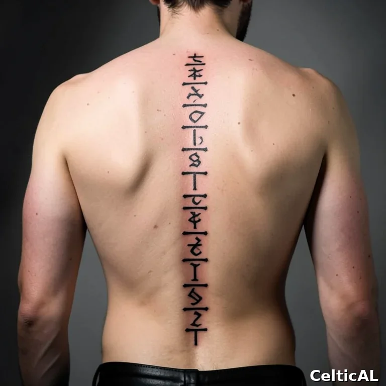 Iscrizione ogham tatuata lungo la spina dorsale