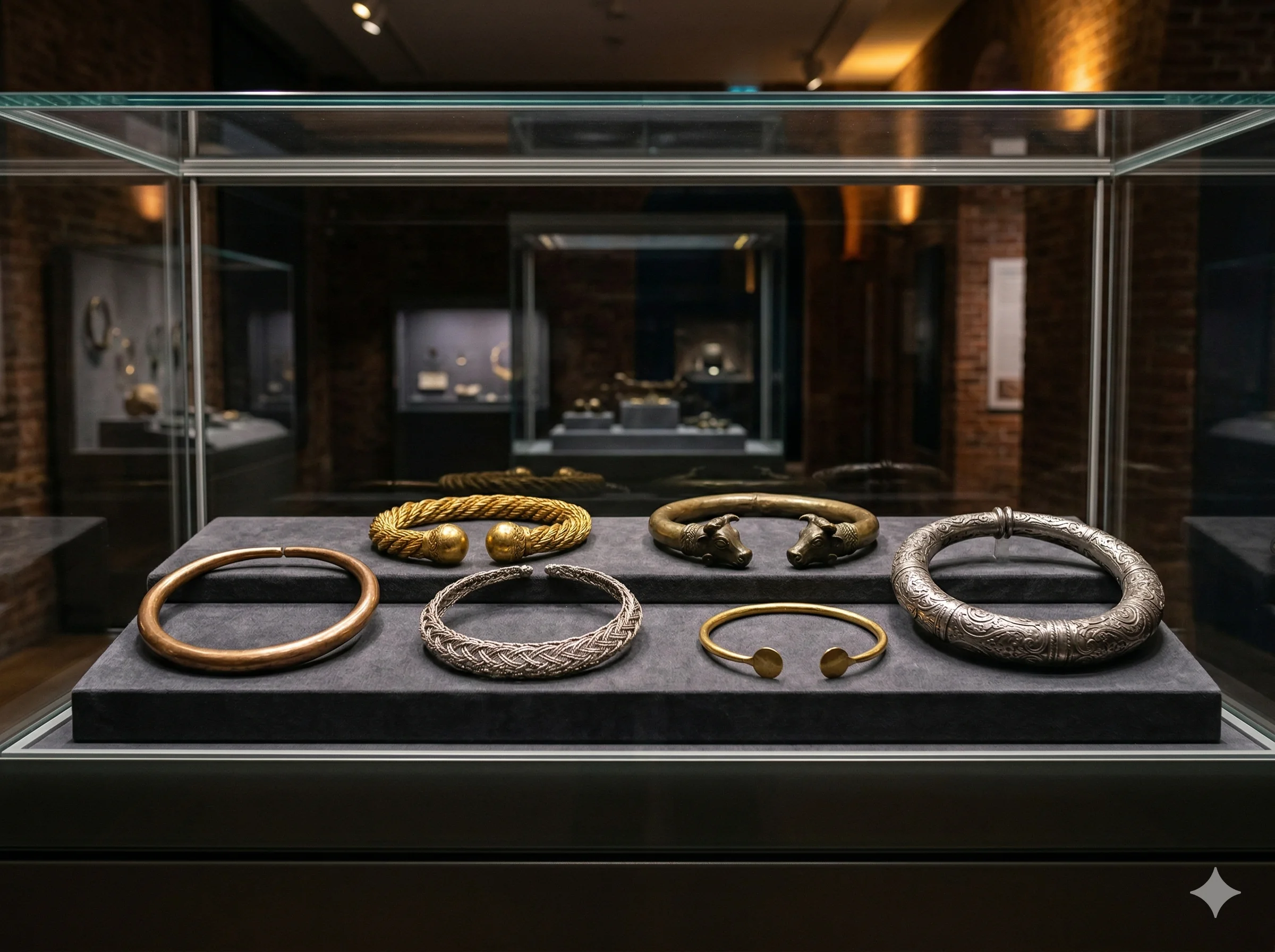 Vetrina museale con assortimento di torques celtici in oro e bronzo, illuminazione drammatica