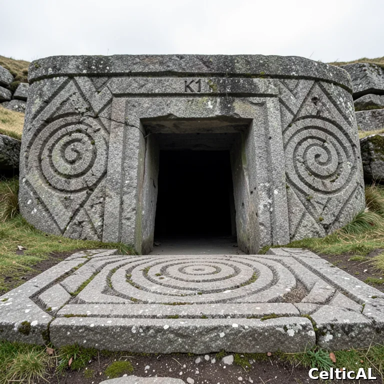 La pietra d'ingresso di Newgrange con le sue celebri spirali incise