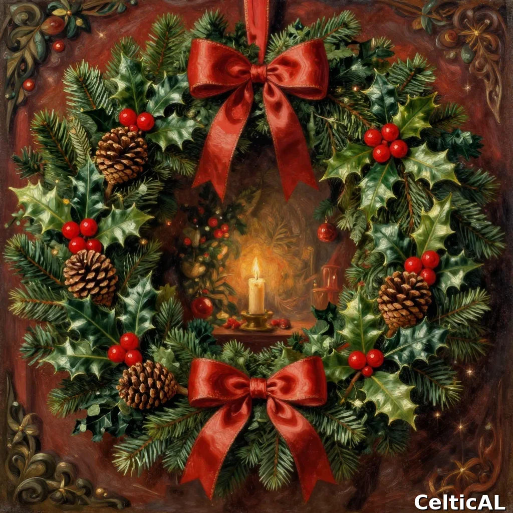 Ghirlanda di Yule con pigne, agrifoglio e bacche rosse, simbolo del ciclo infinito