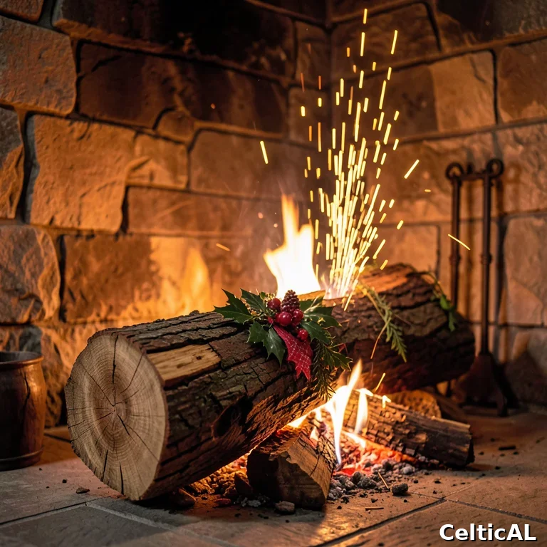 Ceppo di Yule che brucia nel focolare