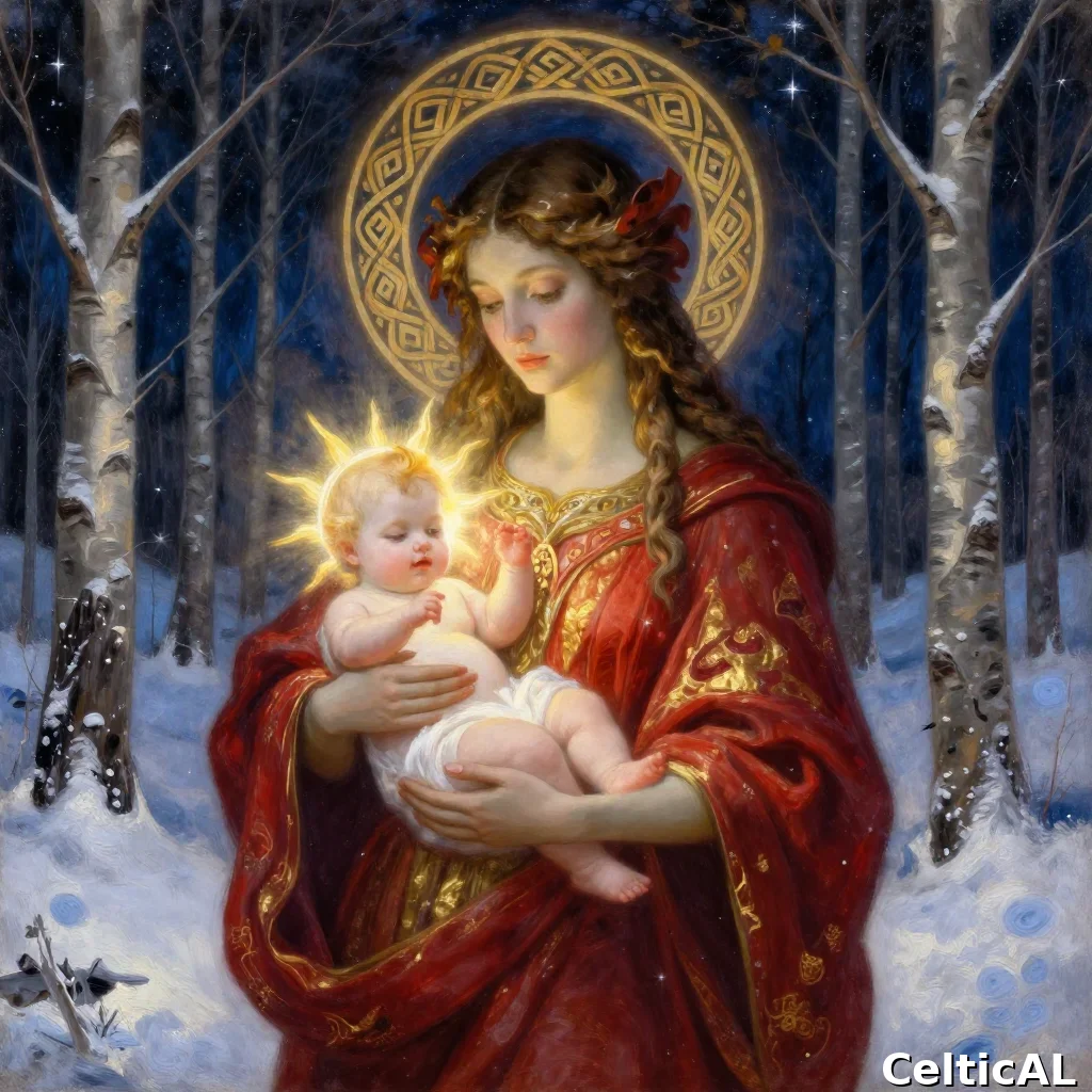 Madre celtica che tiene il Sole Bambino in una notte di solstizio invernale
