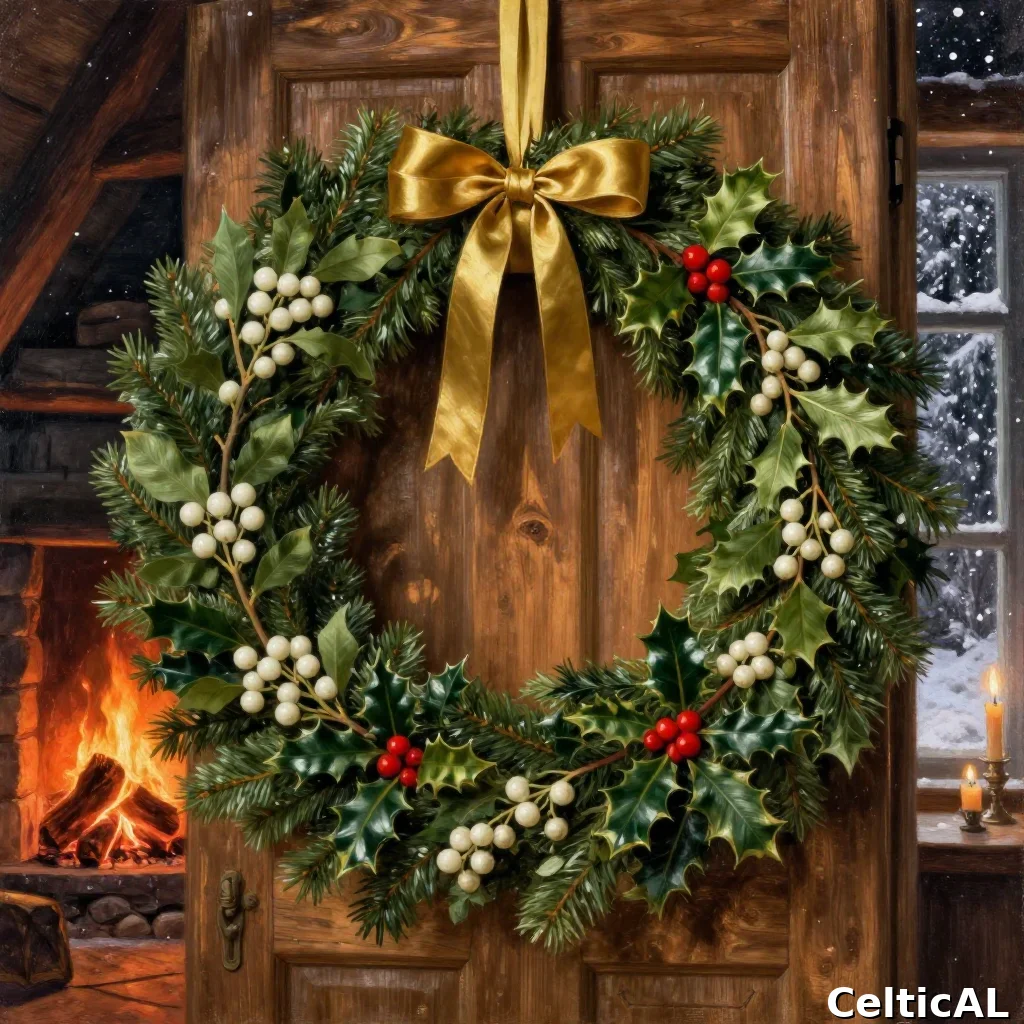 Ghirlanda di vischio e abete con ceppo di Yule che brucia nel focolare