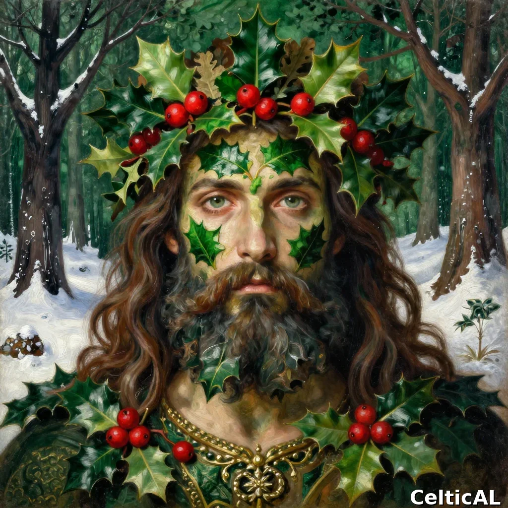 Il Re Verde con corona di agrifoglio e bacche rosse, custode del solstizio d'inverno
