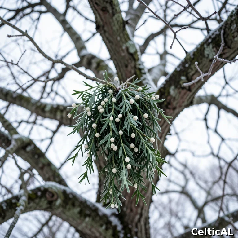 Vischio sull'antica quercia in inverno